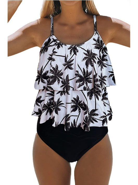 Black two-piece bikini swimsuit with a ruffled tankini top and high-waisted ruched bottoms. - Image 2