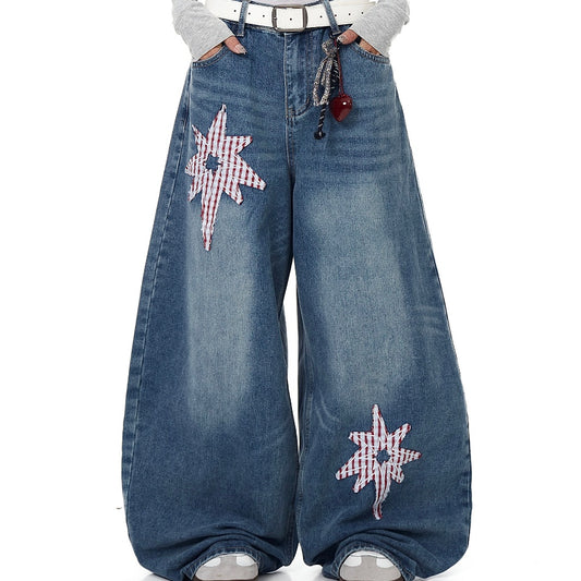 Pantalones Jeans Retro XINGX Parche Machete Pierna Ancha Suelta