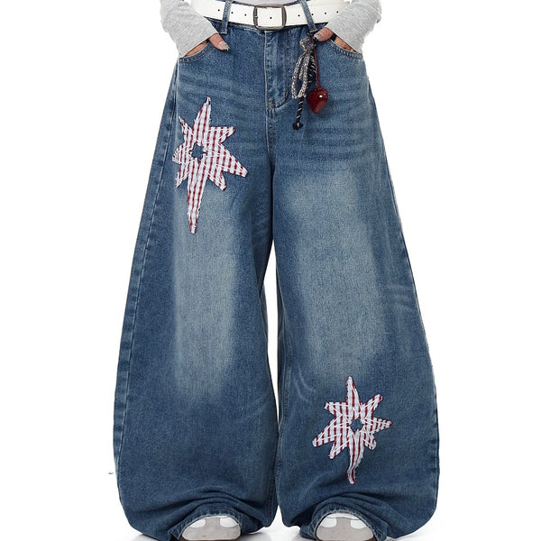 Pantalones Jeans Retro XINGX Parche Machete Pierna Ancha Suelta