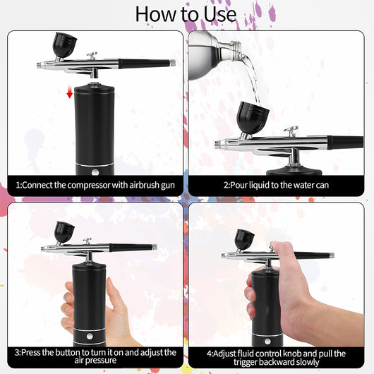 Black and silver oxygen injection beauty instrument with nano spray gun and two clear liquid bottles, spraying colorful mist. - Image 10