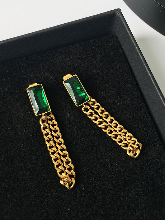 Aretes Largos de Cristal Verde Esmeralda con Borla Vintage Trendy