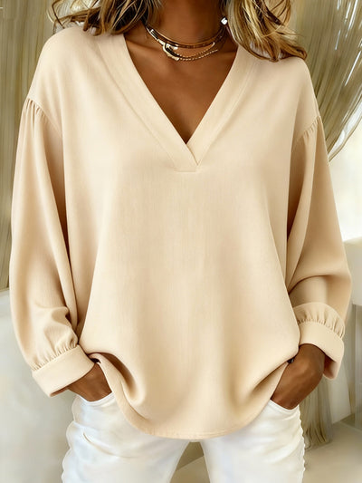 Blusa Casual de Cuello V y Manga Larga en Colores Sólidos - Image 6