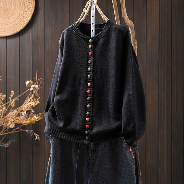 Cardigan de Algodón con Botones Coloridos - Corte Holgado y Efecto Adelgazante