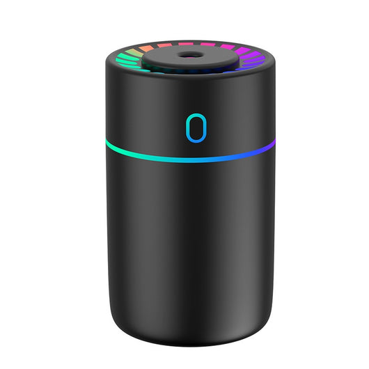 Pink cylindrical humidifier with a colorful LED light ring on top and a blue-green light band around its middle. - Image 6