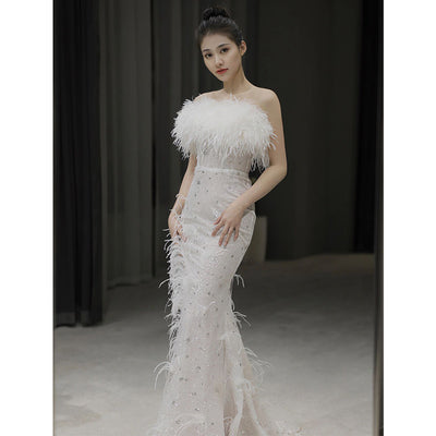 Vestido Fiesta Elegante sin Mangas con Plumas - Image 3