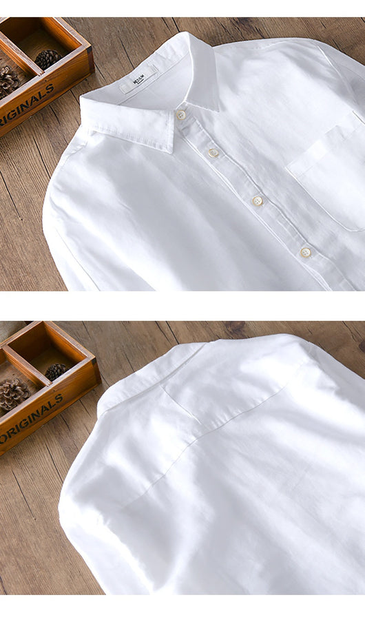 Camisa de Lino y Algodón para Hombre - Manga Larga Color Sólido - Image 8