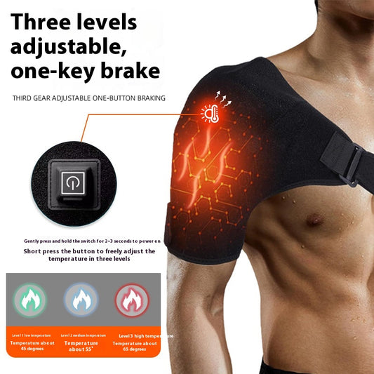 Man wearing a black electric heating shoulder pad with adjustable straps for therapeutic warmth and support.
