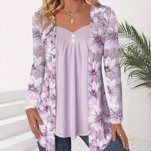 Blusa Estampada Dos en Uno con Botones y Mangas Largas