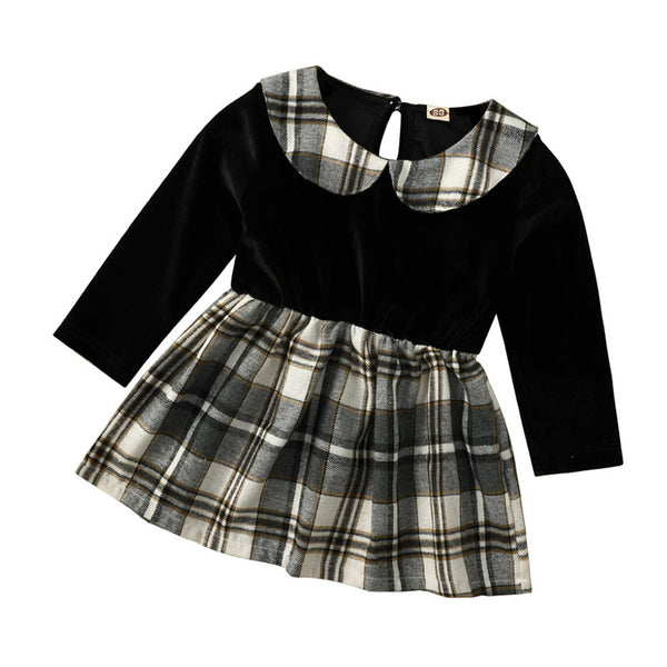 Vestido Infantil Negro Cuadros Manga Larga con Falda Corta