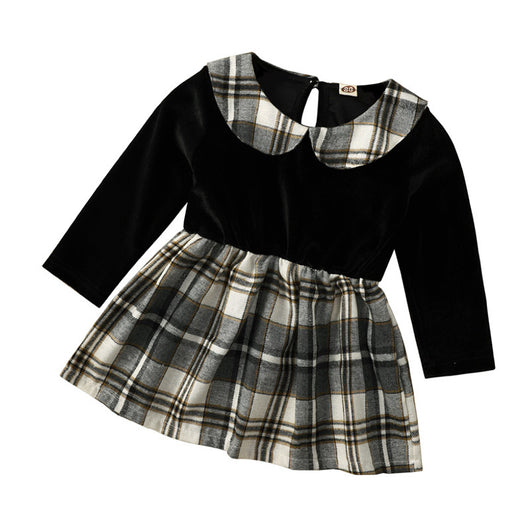 Vestido Infantil Negro Cuadros Manga Larga con Falda Corta - Image 2
