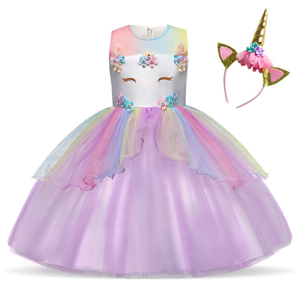 Vestido de Princesa Infantil con Falda Voluminosa y Flores para Niña