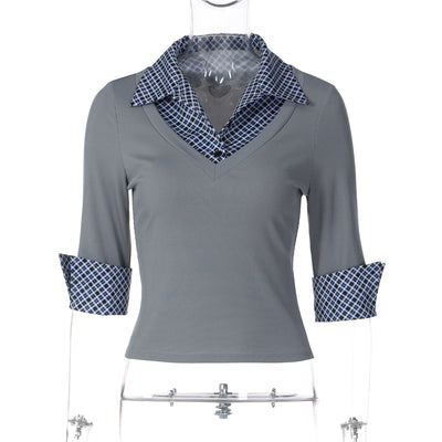 Blusa Cuello Alto Manga Larga con Estampado Patchwork Cuadros - Image 7