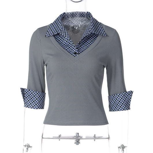 Blusa Cuello Alto Manga Larga con Estampado Patchwork Cuadros - Image 7