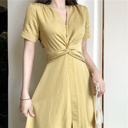 Falda Larga Amarillo Claro con Cintura Campánula Floral Francés - Image 2