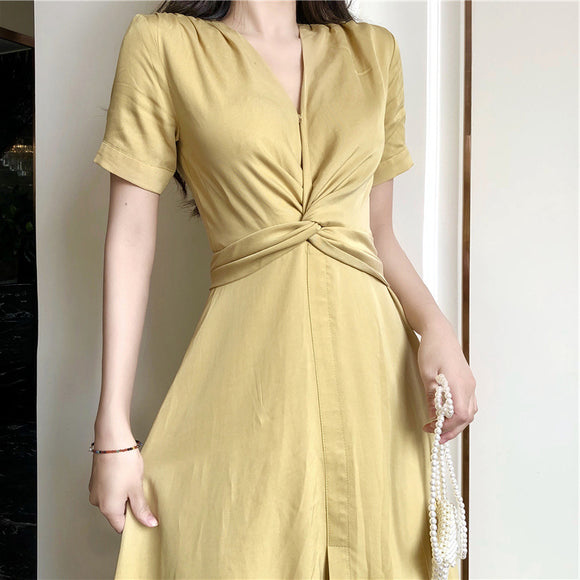Falda Larga Amarillo Claro con Cintura Campánula Floral Francés