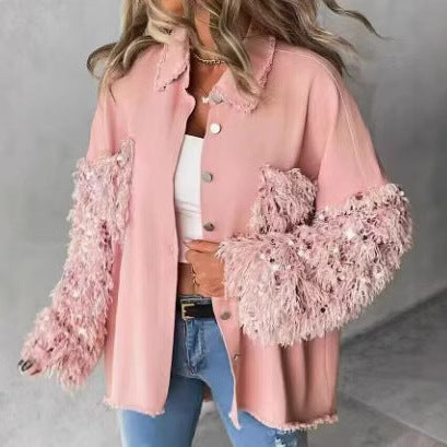 Camisa Denim Holgada con Lentejuelas y Borlas