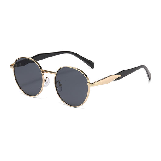 Silver metal round frame sunglasses with dark grey lenses and black temples, offering UV protection for women. - Image 3