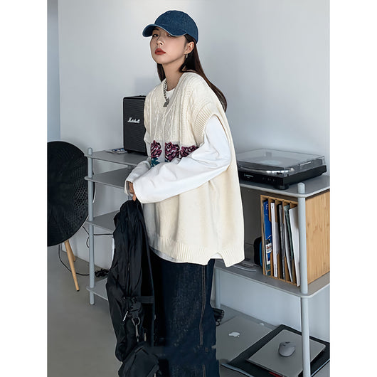 Conjunto de 3 Piezas Retro Chic: Suéter Tejido, Chaleco y Jeans Rectos - Image 8