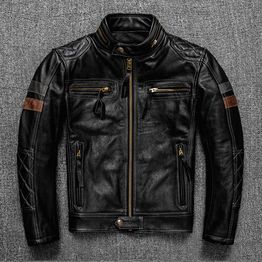 Chaqueta de Cuero Genuino para Motociclista - Cuello Tipo Aviador