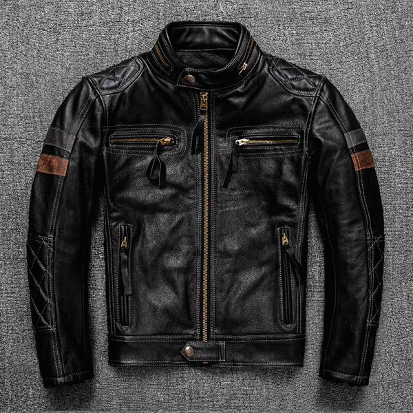 Chaqueta de Cuero Genuino para Motociclista - Cuello Tipo Aviador