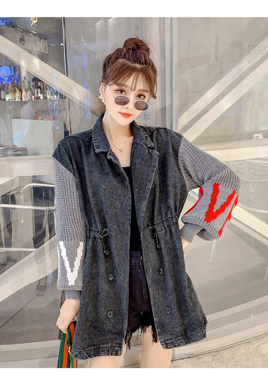 Chaqueta de mezclilla negra con mangas linterna tejidas con letras - Image 23