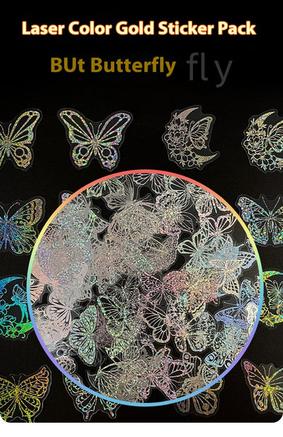 Transparent holographic butterfly laser stickers in various designs, including floral and moon elements, shown individually and in a 100-sheet pack. - Image 16