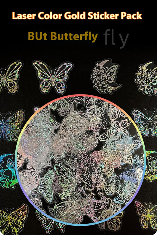 Transparent holographic butterfly laser stickers in various designs, including floral and moon elements, shown individually and in a 100-sheet pack. - Image 16