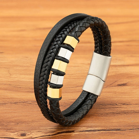 Pulsera de Cuero Trenzado Multicapa para Hombre con Acero Inoxidable - Image 2