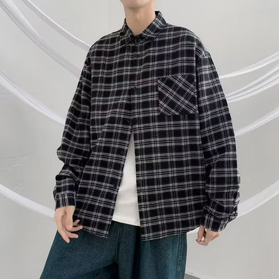 Camisa de Cuadros Negra Suelta y Casual de Manga Larga para Hombre - Image 3