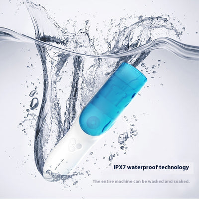 White and blue electric hair clipper with a transparent blue hair disposal compartment, shown with text highlighting its easy-clean feature. - Image 12