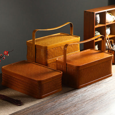 Contenedor Hermético de Bambú Rectangular Doble Capa con Tapa - Caja Portátil para Alimentos y Té