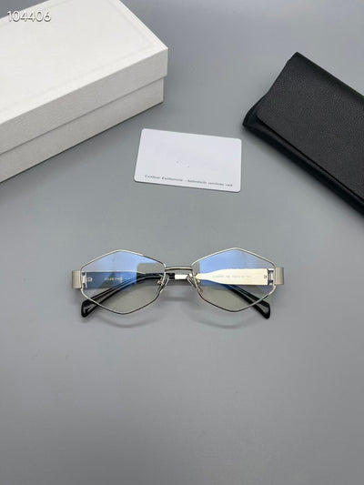 Gold metal polygon sunglasses with dark lenses, displayed with a white authenticity card and black case. - Image 16