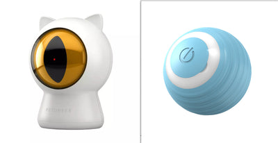 White cat-shaped laser toy with gold eye and red light, alongside a light blue smart rolling ball cat toy. - Image 6