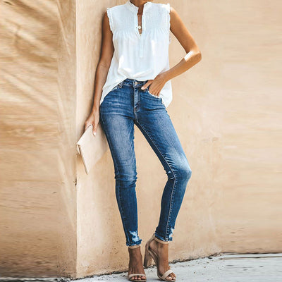 Blusa Suelta de Cuello Alto con Volantes y Botones - Estilo Casual Verano - Image 10