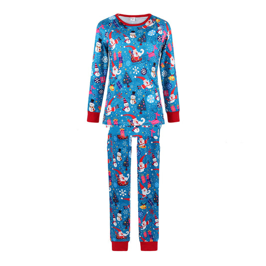 Matching family Christmas pajamas in blue with Santa, snowman, and gift print. Includes adult sets, kids' sets, and a baby romper. - Image 2