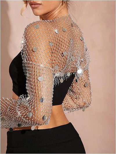 Cardigan de Malla con Lentejuelas y Detalles de Diamantes - Image 9
