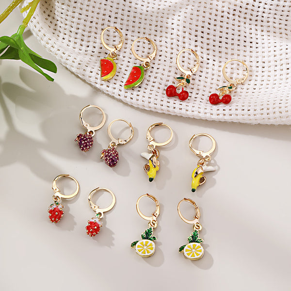 Aretes de Clip Frutal para Mujer - Uva y Fresa en Metal
