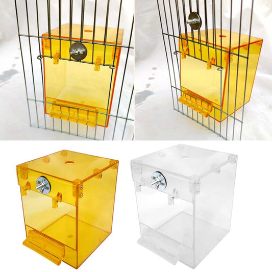 Transparent yellow square bird bath with a front perch and metal attachment for external cage mounting.