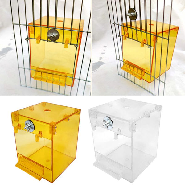 Transparent yellow square bird bath with a front perch and metal attachment for external cage mounting.