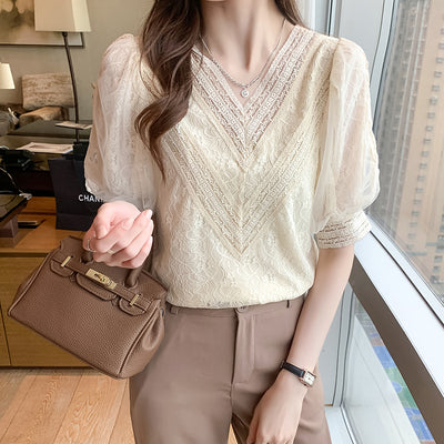 Blusa Elegante Cuello en V con Mangas Abullonadas