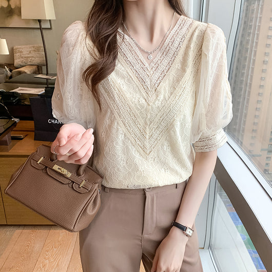 Blusa Elegante Cuello en V con Mangas Abullonadas