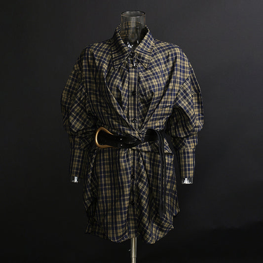 Camisa Cuadros Suelta Retro con Cinturón - Falda Blusa Midi