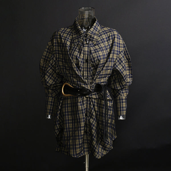 Camisa Cuadros Suelta Retro con Cinturón - Falda Blusa Midi