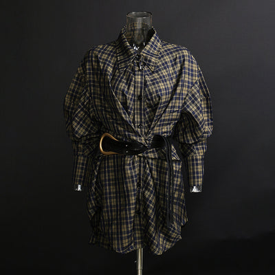 Camisa Cuadros Suelta Retro con Cinturón - Falda Blusa Midi