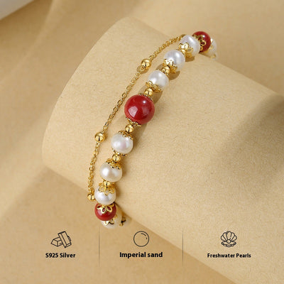 Pulsera Doble Capa de Plata Esterlina con Granate Rojo y Perla de Agua Dulce para Mujer - Image 3