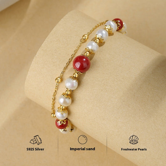 Pulsera Doble Capa de Plata Esterlina con Granate Rojo y Perla de Agua Dulce para Mujer - Image 3