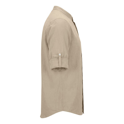 Camisa de Lino Estilo Americano con Cuello Mao y Mangas Medianas para Hombre - Image 40
