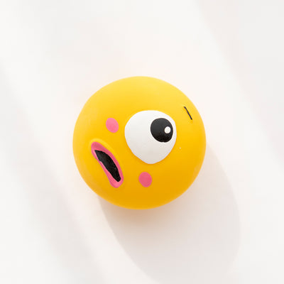 Blue rubber pet toy with big white eyes, black pupils, an open black mouth, and pink blush spots, for dogs and cats. - Image 3