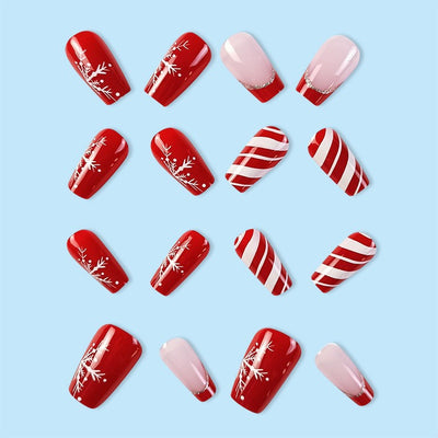 Uñas Postizas Navideñas con Diseño de Copos de Nieve y Rayas - Image 7