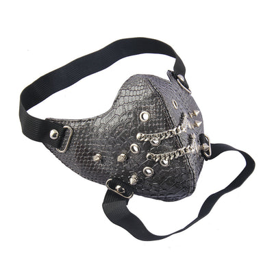 Black leather half-face mask with silver studs and grommets, featuring elastic head straps. - Image 6